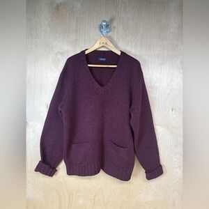 Vintage V-Neck Burgundy Wool Sweater with Pockets